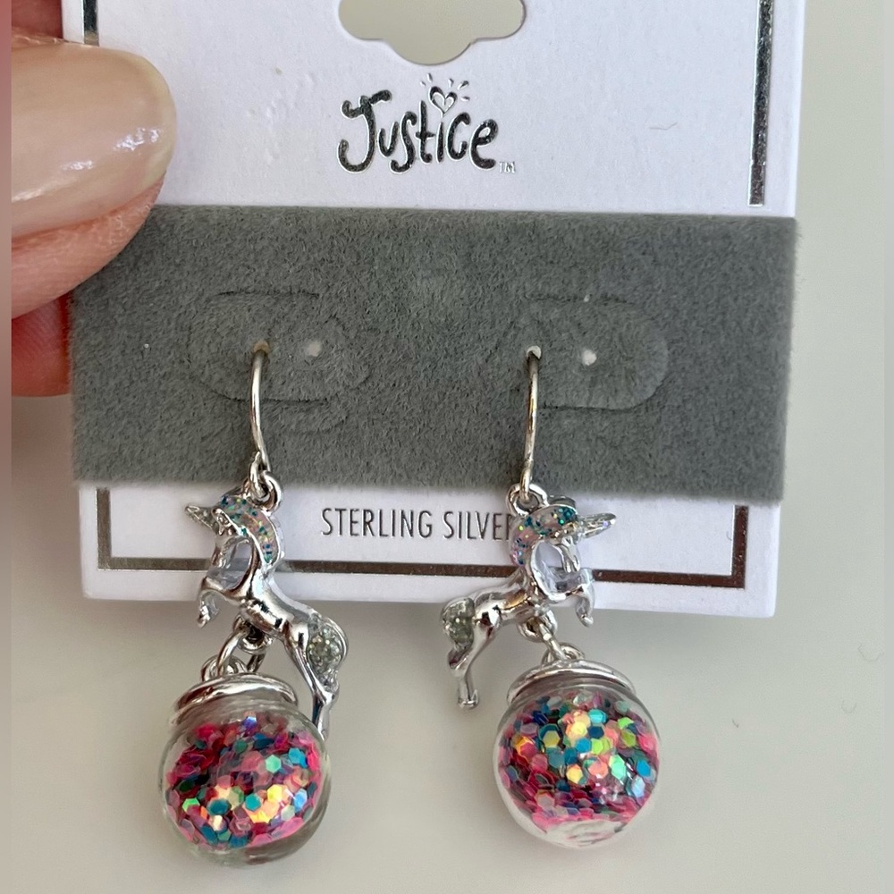 Unicorn & Iridescent Rainbow Confetti Dangling earrings sterling silver